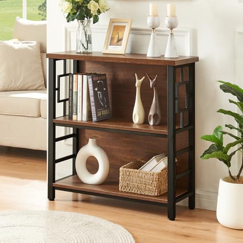 HOMISSUE Book Shelf, 3 Tier Small Bookshelf with Storage, Engineered Wood and Metal Shelf Bookcase, Low Short Bookcases for Small Space, Living Room, Bedroom, Office, Rustic Brown - color: Rustic Brown, size: 3-tier(29.5"W x30.9"H)