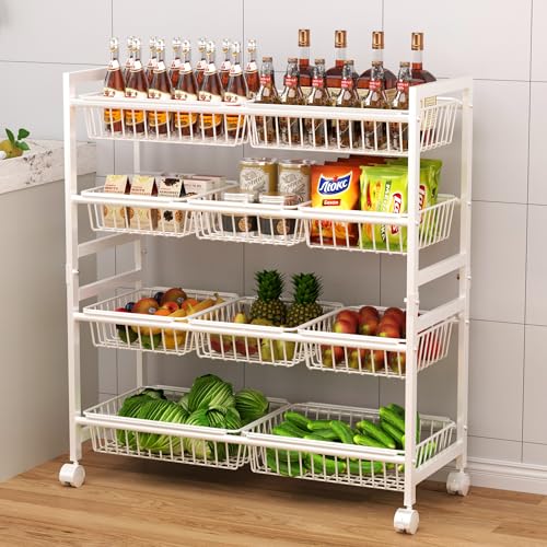 Cinati 4-Tier Snack Cart with Wheels, 29''W Toy Storage Organizer, Rolling Pantry Storage Cart with 10 Wire Baskets & Handle,Adjustable Metal Snack Rack, Kitchen Organizer for Fruit, Vegetables(White) - color: White, size: 4 Tier