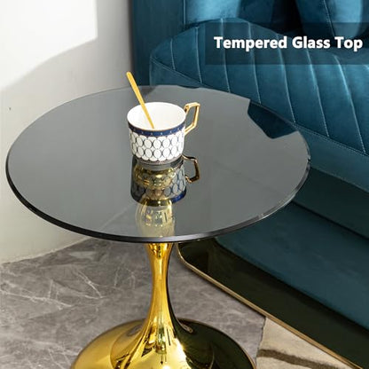 Luxury Round End Table Gold Metal Base 17.7inch Black Tempered Glass Top Modern Small Side Table Living Room Table Sofa Small Coffee Tables Cute Shape (Glod+Glass) - color: Glod+glass