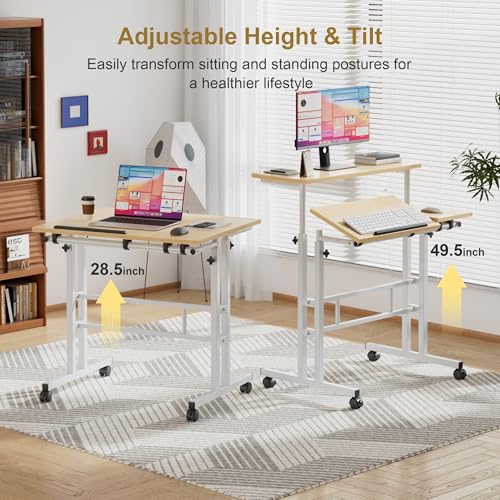 VECELO Mobile Small Standing Desk Adjustable Height, Computer Workstations with Tiltable Tabletop, Lockable Wheels, Portable Rolling Laptop Desk for Home Office, Oak - color: Oak