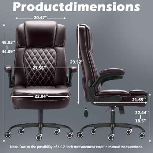 450LBS Big and Tall Executive Office Chair with Flip up Arm,Heavy Duty PU Leather Computer Desk Chair,Comfortable High Back Swivel Home Office Chair with Rolling for Adults,Spring Cushion,Metal Base - color: Brown
