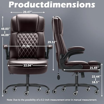 450LBS Big and Tall Executive Office Chair with Flip up Arm,Heavy Duty PU Leather Computer Desk Chair,Comfortable High Back Swivel Home Office Chair with Rolling for Adults,Spring Cushion,Metal Base - color: Brown