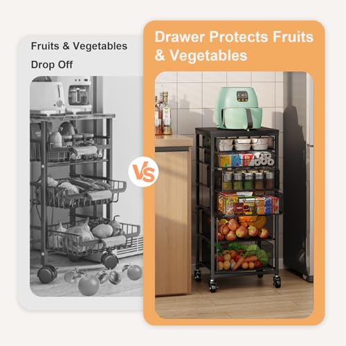 6-Tier Kitchen Storage Cart -Fruit Vegetable Storage Cart with Drawers, Wooden Top Metal Wire Kitchen Organizer and Storage Cart with Wheels to Storage Onions Potatoes Cans Snacks for Kitchen - size: 6-Tier Black
