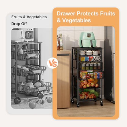 6-Tier Kitchen Storage Cart -Fruit Vegetable Storage Cart with Drawers, Wooden Top Metal Wire Kitchen Organizer and Storage Cart with Wheels to Storage Onions Potatoes Cans Snacks for Kitchen - size: 6-Tier Black