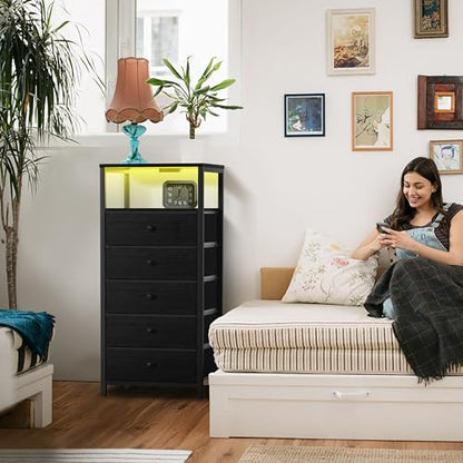 BOLUO Black Dresser with 5 Drawers Tall Nightstand with Charging Station and LED Light, Bedside Table Room Storage Drawers Closet - color: B.black, size: 11.8"D x 15.7"W x 39.8"H (5 drawers)