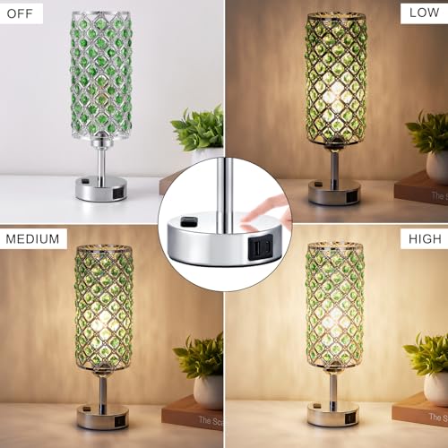Hong-in Green Crystal Lamp Touch Control Set of 2, Crystal Table Lamps with USB C+A Ports & AC Outlet, 3-Way Dimmable Nightstand Touch Lamp, Modern Bedside Table Lamp for Bedroom(Bulbs Included) - color: Green