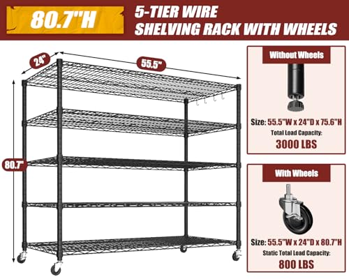 PrimeZone 5 Tier 80.7" Hx55.5 Wx24 D Wire Shelving with Wheels 3000lbs NSF Certified Storage Shelves Heavy Duty Metal Shelf Adjustable Rolling Rack Commercial Garage Restaurant Warehouse Kitchen 2Pcs - size: 55.5" W x 24" D x 80.7" H