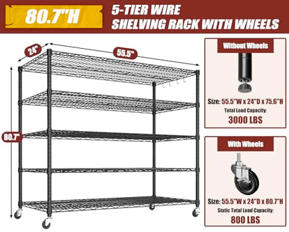 PrimeZone 5 Tier 80.7" Hx55.5 Wx24 D Wire Shelving with Wheels 3000lbs NSF Certified Storage Shelves Heavy Duty Metal Shelf Adjustable Rolling Rack Commercial Garage Restaurant Warehouse Kitchen 2Pcs - size: 55.5" W x 24" D x 80.7" H