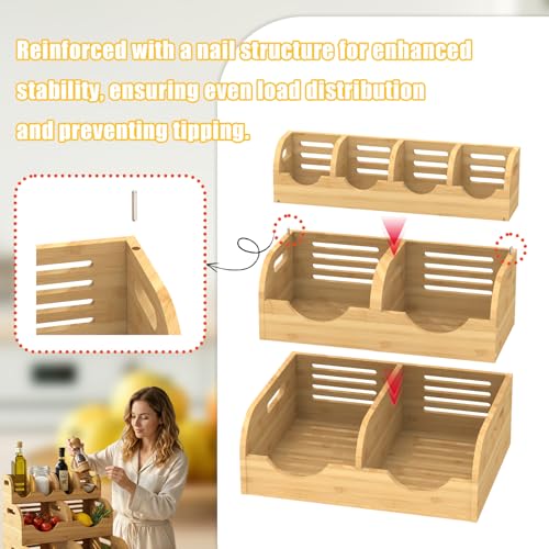 Upgraded 3 Tier Bamboo Pantry Storage Bins,Large potato storage | With 2 Banana Hangers,Stackable Potato and Onion Storage Bin with Airflow Vent,Vegetable Storage,for Kitchen Countertop