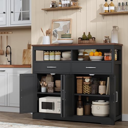 knoworld Buffet Sideboard with Storage Farmhouse with 4 Doors, 47'' Large Kitchen Storage Cabinet Wood Coffee Bar Cabinet Buffet Table with Shelves for Kitchen, Dining Room, Entryway, 47" W Black