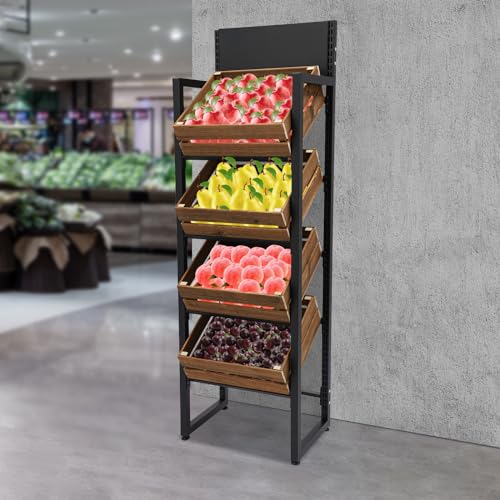 4-Tier Fruit and Vegetable Rack, Wood Fruit and Vegetable Storage Rack, Heavy Duty Freestanding Produce Storage Shelf, 44 lbs per Tier for Kitchen Store