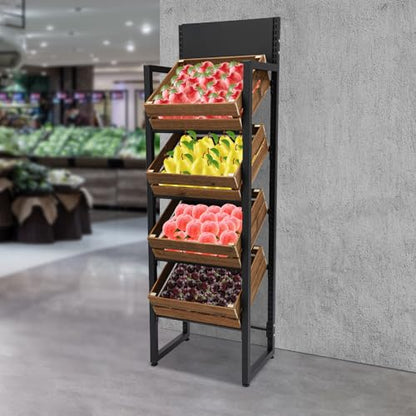 4-Tier Fruit and Vegetable Rack, Wood Fruit and Vegetable Storage Rack, Heavy Duty Freestanding Produce Storage Shelf, 44 lbs per Tier for Kitchen Store