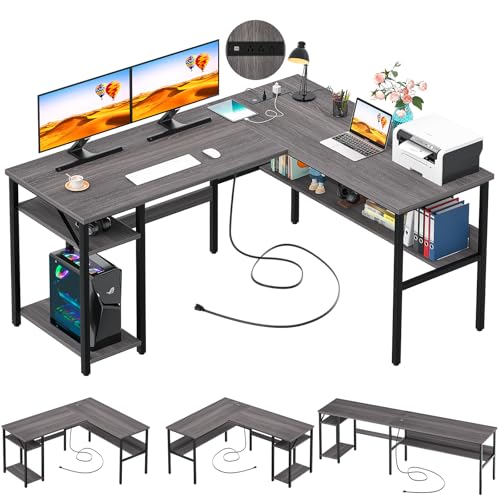 Unikito Reversible L Shaped Desk with Magic Power Outlets and USB Charging Ports, Sturdy Corner Computer Desk with Storage Shelves, Gaming Table Home Office Desk, Easy to Assemble, Enoch Walnut - color: Enoch Walnut