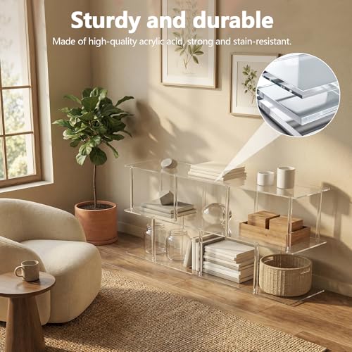 3-Tier Acrylic Low Bookshelf 11.8''D X 47.2''W X 24.6''H Clear Long Bookcase with Large Storage Cube Organizer Shelf Easy Assembly for Office Living Room Bedroom