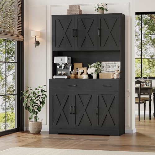 HOSTACK 71" Pantry Cabinet with Charging Station, Tall Kitchen Pantry Storage Cabinet with Microwave Stand, Farmhouse Kitchen Hutch with Storage Drawers for Living Room, Dining Room, Black Wood Grain - color: Black Wood Grain