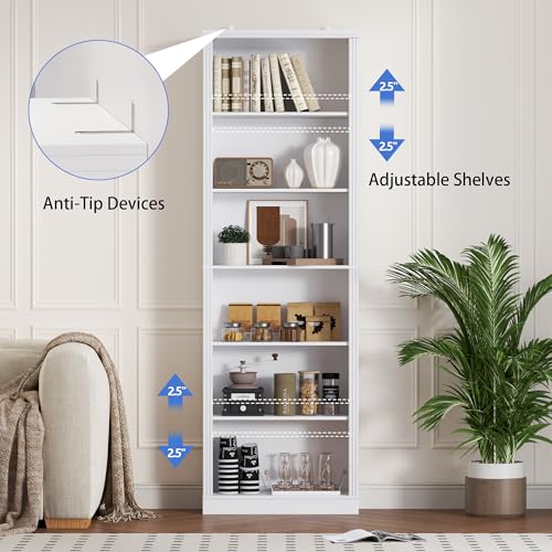 BORNOON 74" Tall Bookshelf, 6-Tier Floor Standing Bookcase with 2 Adjustable Shelves, 24" Wide Open Storage Shelf, Modern Display Organizer for Home Office, Living Room, Bedroom, Study
