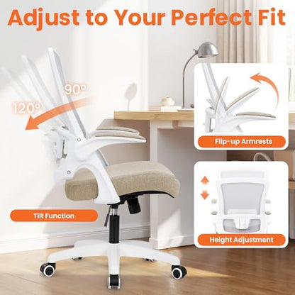 NEO CHAIR Office Desk Gaming Chair Computer High Back Mesh Seat with Rolling Wheels Ergonomic Adjustable Comfy Flip-up Armrests Lumbar Support Height for Home (Beige White Frame) - color: Beige