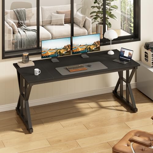 TVU Computer Desk, 55 inch Large Office Desk, Study Writing Table with Thicken Frame, Gaming Desk, Modern Simple Desk for Home Office, Black - color: Black, size: 55inch