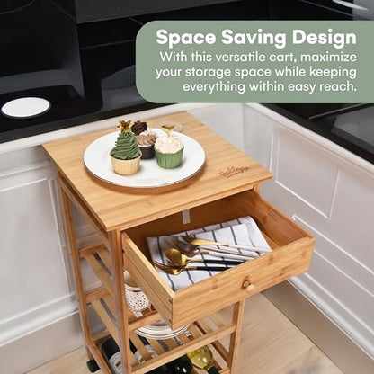 Kitchen Cart with Drawer and Basket - Brown Kitchen Cart Island for Small Spaces - Extra Counter Space or Spice Rack - Portable Dining Table with Wheels - Elegant Solid Wood Top, Spice Drawer