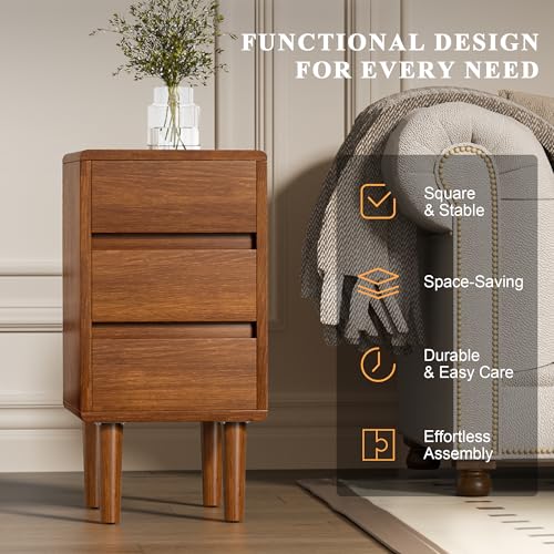Nightstand with 3 Drawers Narrow Night Stand Solid Wood Bedside Table Mid Century Modern Nightstand Wooden End Table for Bedroom, Study, Office - color: Walnut-3d, size: 15.75''×11.8''×23.62''