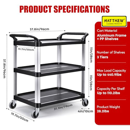 Matthew 3 Tier Rolling Utility Cart with Wheels, 440 lbs Heavy Duty Service Cart with Aluminum Frame, Durable Shelves, 37.8" x 19.7" x 37.8" for Garage, Warehouse, Kitchen and Office