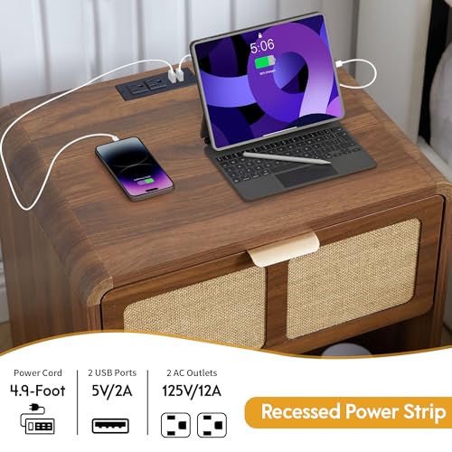 LEVNARY Compact Nightstand Set of 2, Mid-Century Modern Bedside Table with Charging Station and Fabric-Like Textured Drawer, Wooden Small End Table for Farmhouse Bedroom Living Room (2, Walnut) - color: Walnut–linen Drawer Front, size: 2-Pack