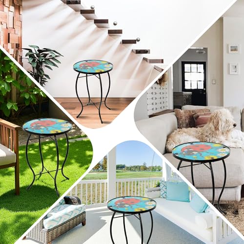 Small Side Table with Metal Frame, 10.5" Round Side Tables with Seven-Spotted Ladybug Pattern,Outdoor Table for Balcony,Terrace,Garden,Living Room - color: Seven-spotted Ladybug