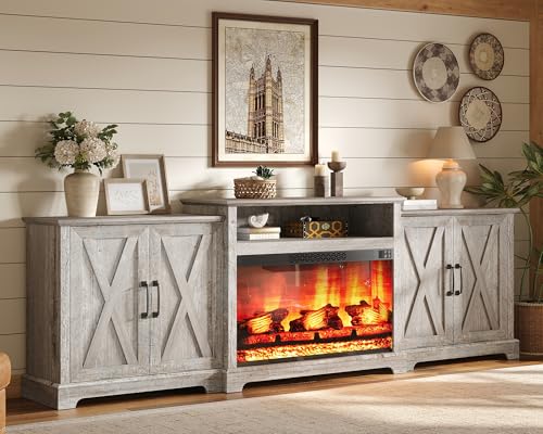 AMERLIFE Farmhouse 97" Large Fireplace TV Stand for TVs up to 110" | Entertainment Center with 33" Electric Fireplace, Media Console with Storage Cabinets & Adjustable Shelf, Light Grey - color: Light Grey, size: 97"