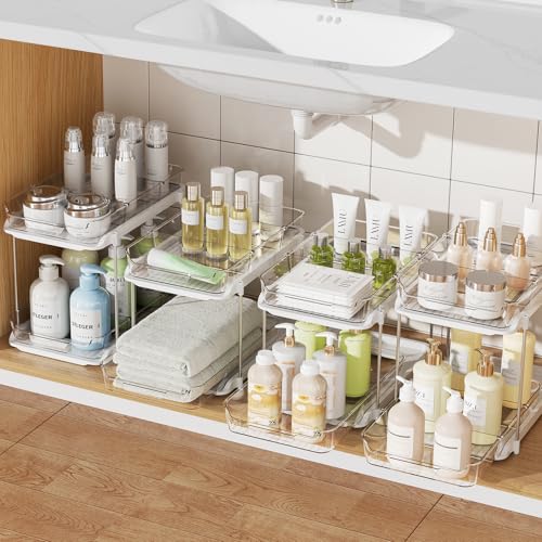 Delamu 4 Pack 2-Tier Bathroom Under Sink Organizers and Storage, Multi-Purpose Stackable Pantry Organization and Storage, Pull Out Clear Kitchen Bathroom Cabinet Organizer with Movable Dividers, White - color: White, size: 4 Pack 2-Tier