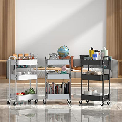 MAX Houser 3-Tier Rolling Utility Cart with Caster Wheels,Easy Assembly, for Kitchen, Bathroom (Silvery-Grey) - color: Silvery-grey, size: 3-Tier Standard Cart