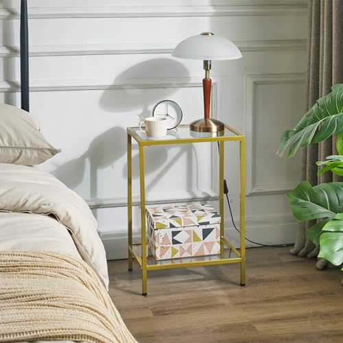 YMYNY Tempered Glass Side Table, 22.05H*14.96L*11.02W,Gold, UHGD002G | 2 Tier end table, Storage Shelves, Narrow Bedside Table, Small Space - color: Gold