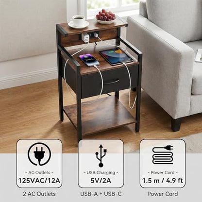 Industrial Nightstand with USB Charging Port, Narrow End Side Table with Fabric Drawer & Storage Shelf for Bedroom Living Room