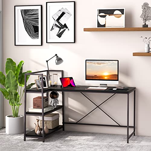 COSTWAY 59 Inch L-Shaped Computer Desk, Large Reversible Corner Desk with Open Storage Shelves, Space-Saving Writing Study Table PC Laptop Gaming Desk, for Home Office (Black)