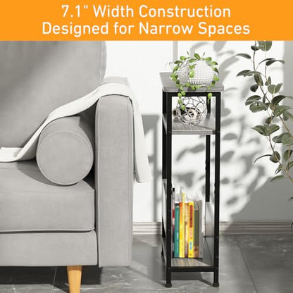 THUMEYE 7.1" Narrow Side Table for Small Spaces, 3 Tier Small End Table with Magazine Holder, Slim/Skinny Nightstand/Bedside Table for Living Room, Bedroom, 15.4" L x 24.2" H, Gray - color: Grey