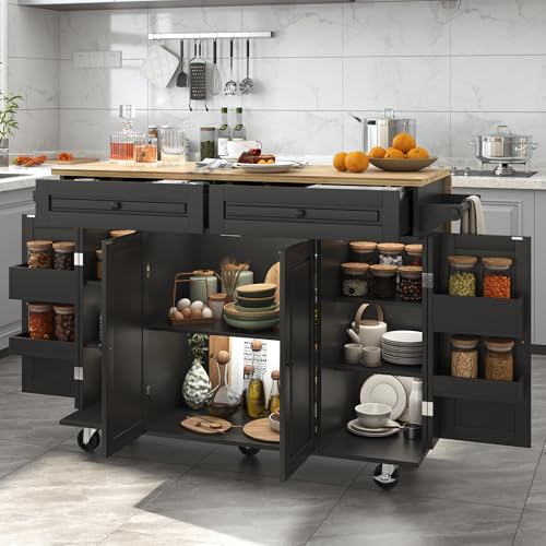 Squireewo 55" Kitchen Cart with Wood Top and Drop Leaf Breakfast Bar, Rolling Mobile Kitchen Island Table on Wheels with Drawer and Storage Cabinet, Spice Rack, Towel Rack, Black - size: 55"W