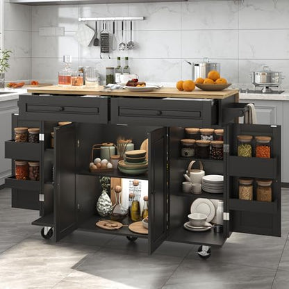 Squireewo 55" Kitchen Cart with Wood Top and Drop Leaf Breakfast Bar, Rolling Mobile Kitchen Island Table on Wheels with Drawer and Storage Cabinet, Spice Rack, Towel Rack, Black - size: 55"W