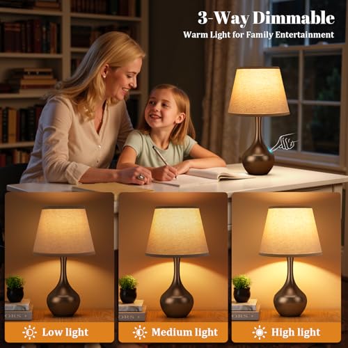 Seealle Touch Table Lamp for Bedroom, 3-Way Dimmable Small Bedside Lamps for Night Stands with Wires, Brown Desk Lamp for Kids Room, Office, Living Room, End Table(LED Bulb Included) - color: C. Oat Shade & Brown Base