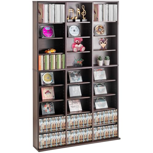 VEVOR Media Storage Cabinet, 9-Layer DVD Shelf, Adjustable CD Shelves 27 Compartments, Protects & Organizes Music, Movie, Video Games or Memorabilia Collections, Espresso - color: Espresso, size: 37.36 x 7.17 x 60.55 inches