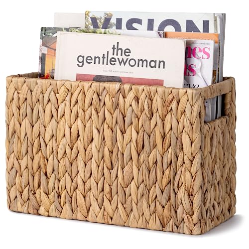 StorageWorks Hand-Woven Magazine Holder, Magazine Wicker Basket for Bathroom, Office, Rattan Magazine Holder, Natural Water Hyacinth, 1 Pack - color: Natural, size: 15"L x 6"W x 10 ¼"H