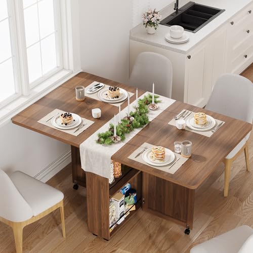 Garvee Folding Dining Table with Storage, Folding Kitchen Table with 6 Wheels, Drawer & Shelves, Compact Dining Table for Small Spaces - color: Brown