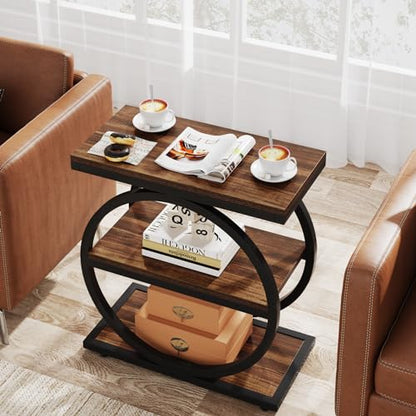 LITTLE TREE 3-Tier End Table Set of 2, Industrial Side Table with Storage Shelves, Small Sofa Side Table for Living Room, Wooden Side End Table with Round Metal Legs, Slim Nightstand and Bedside Table - color: Brown and Black