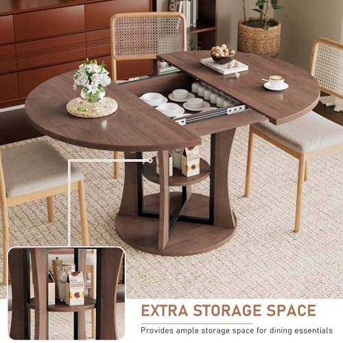 Extendable Round Dining Table for 4-6-8, 43.3-59in Expandable Kitchen Table with Storage Shelf, Space Saving Circle Oval Dining Table with Leaf for Kitchen, Dining Room, Walnut - color: Walnut