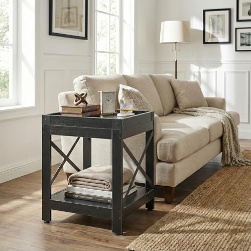 Farmhouse Square Side Table,2-Tier End Table with Storage Shelf | Modern Sofa Couch Table Bedside Nightstand With X-Frame for Living Room Bedroom Office Small spaces,Black - color: Black, style: Farmhouse