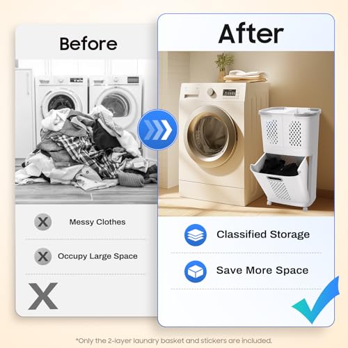 2-Tier Rolling Laundry Hampers, Space-Saving Removable Clothes Hamper Organizer, Modern Grey/White Rolling Storage Cart for Bedroom, Laundry Room, Bathroom