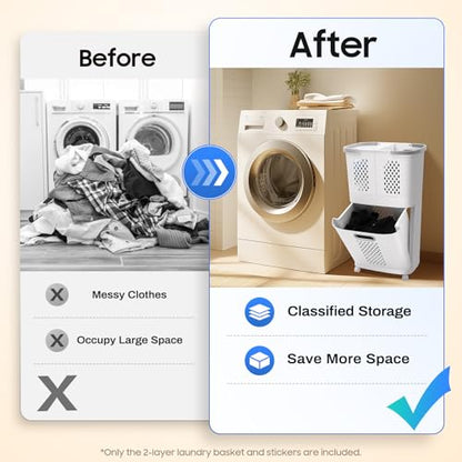 2-Tier Rolling Laundry Hampers, Space-Saving Removable Clothes Hamper Organizer, Modern Grey/White Rolling Storage Cart for Bedroom, Laundry Room, Bathroom