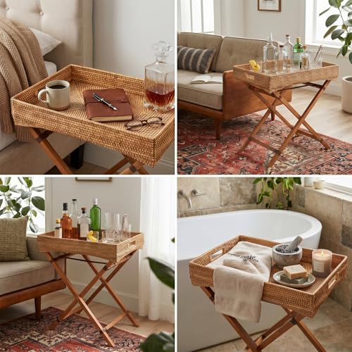 BreezeHug Rattan Side Table with Removable Tray, Foldable TV Tray Table for Couch, Small Space Snack Tables for Living Room, Balcony & Bedroom, Lightweight Wooden Stand