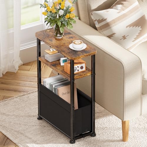 Simple Trending Side Table, 3-Tier Modern End Table with Fabric Basket, Skinny Bedside Table, Thin Nightstand for Bedroom Living Room, Rustic Brown
