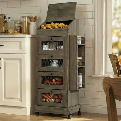ARTETHYS Potato Storage Bin 5-Tier Rolling White Bread Box with Side Rack | Onion Keeper with Spice Rack on Wheels, Movable Fruit & Vegetable Container with 4 Ventilated Drawers for Kitchen - color: Gray