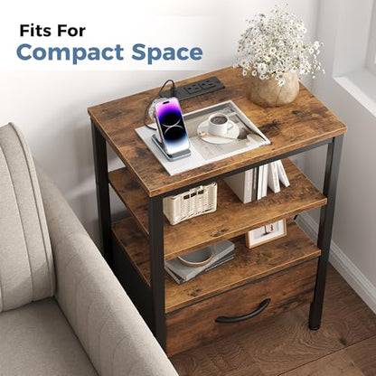 DUMOS Nightstand with Charging Station, Bedside Table with 1 USB-A, 1 USB-C & 2 AC Outlets, Fabric Drawer with Adjustable Open Shelf, Compact End Table for Bedroom, Rustic Brown - color: Rustic Brown, size: 15.7"Dx11.8"Wx23.4"H(1 Drawer, 1 Pack)