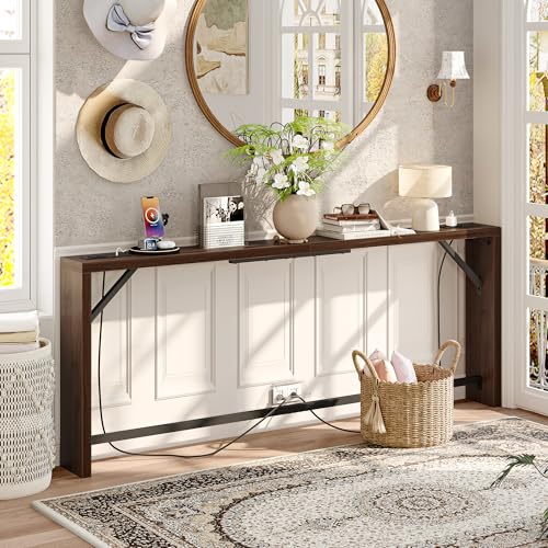 TIQLAB Sofa Table, 79 inch (1.2'' Thickness) Long Console Table Behind Couch, Narrow Entryway Table with Angled Metal Frame, Industrial Console Table, Black Walnut - color: Black Walnut, size: 79''L x 5.9''W x 31.5''H